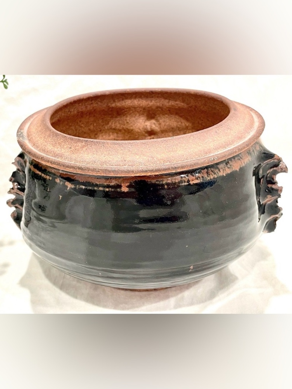 Artisan Signed Rustic Black & Brown Ceramic Pot Planter | Abstract Details | EUC